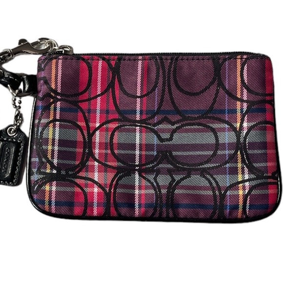 Coach Signature Logo Plaid Wristlet Clutch Purple Black Pink - Picture 3 of 8